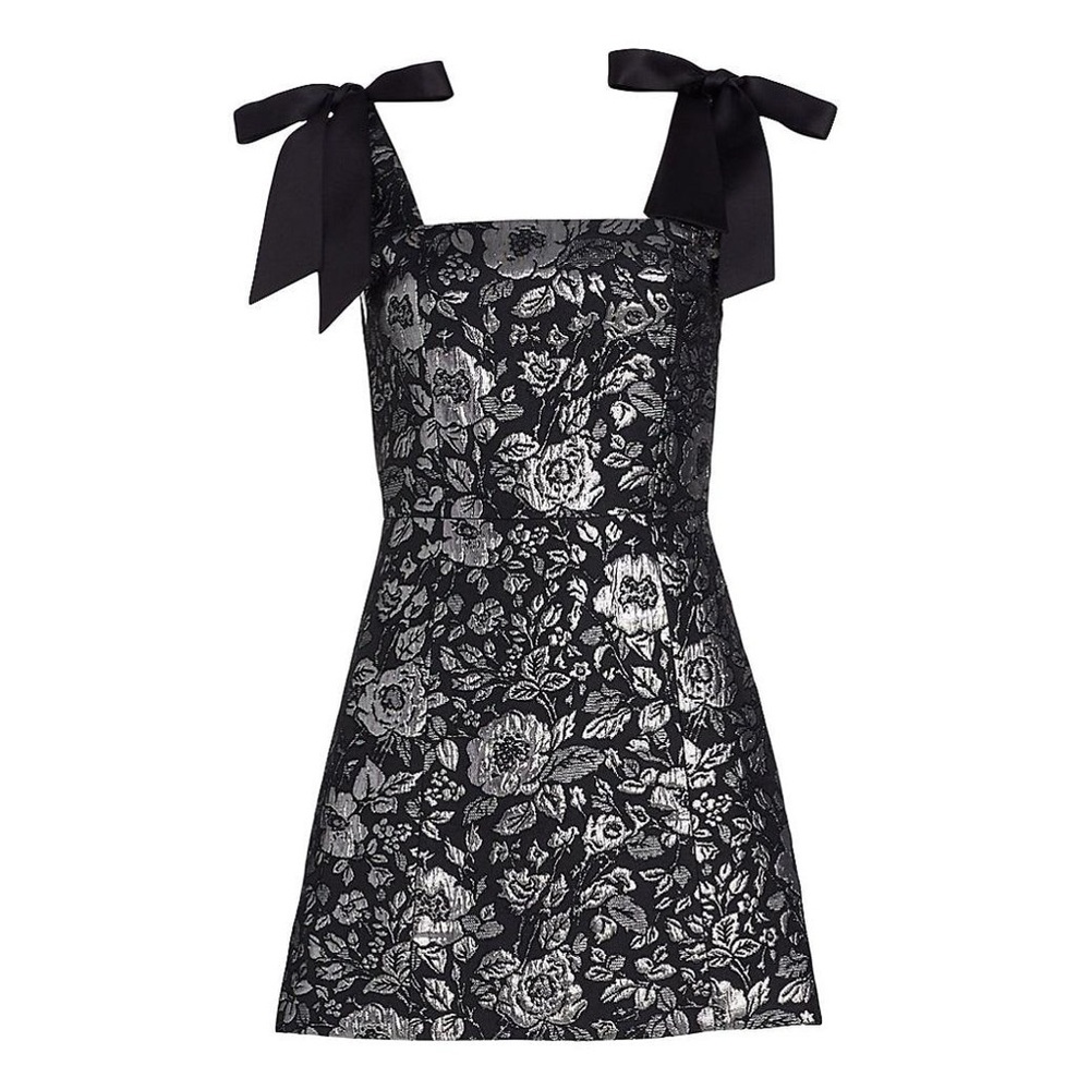 NWOT Alice + Olivia Maryann Metallic Jacquard Bow Tie Shoulder Dress 0 - Picture 3 of 16